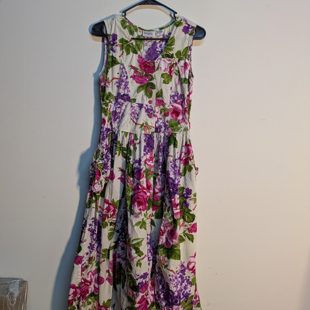 Vintage Early 90s White Pink Purple Floral Dress, Size M - Picture 2 of 13